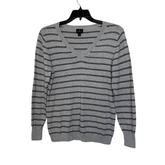Worthington Black And Grey Striped V-Neck Pullover Sweater Size Large - Picture 1 of 13